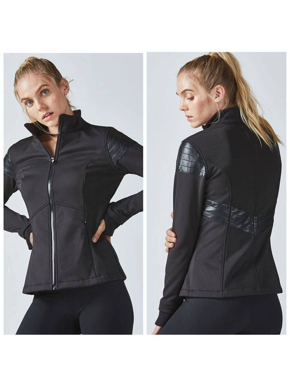 Fabletics Bray Moto Jacket Black Women’s XL NWT Faux Leather Detail Zip Up Activ